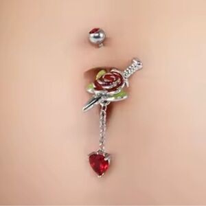 Silver and Red Rose Dagger Heart Belly Ring New